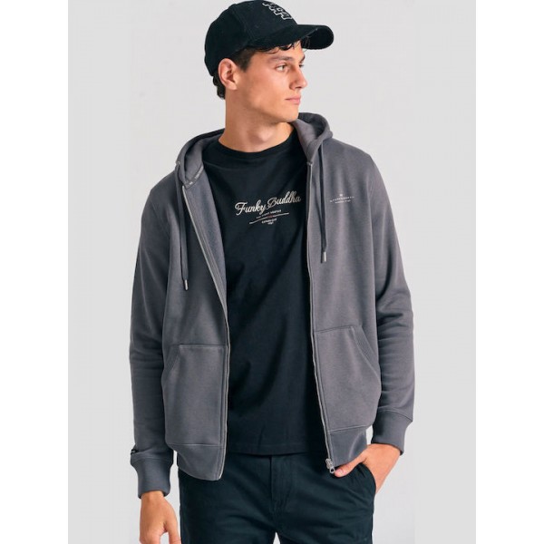 FUNKY BUDDHA Ανδρική φούτερ ζακέτα με κουκούλα  FBM012-001-06 DK GREY