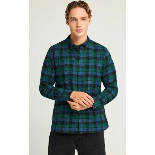 FUNKY BUDDHA Ανδρικό καρό πουκάμισο με button-down γιακά FBM012-016-05 DEEP EMERALD 