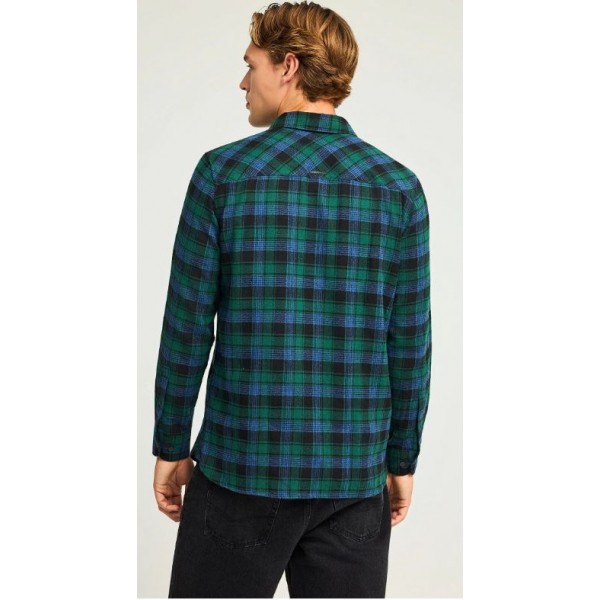 FUNKY BUDDHA Ανδρικό καρό πουκάμισο με button-down γιακά FBM012-016-05 DEEP EMERALD 