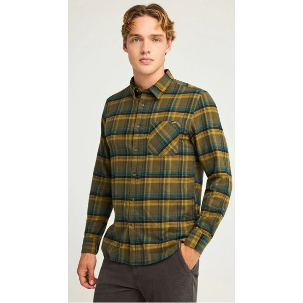 FUNKY BUDDHA Ανδρικό βαμβακερό καρό πουκάμισο FBM012-029-05 DUSTY OLIVE