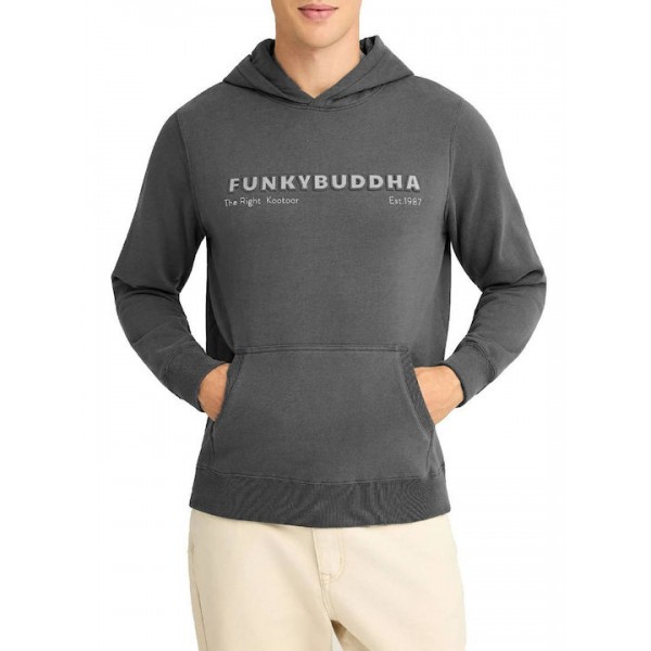 FUNKY BUDDHA Φούτερ με κουκούλα και τύπωμα στο στήθος  FBM012-074-06 DK GREY
