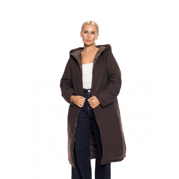 Biston fashion γυναικείο μακρύ μπουφάν με ενσωματωμένη κουκούλα